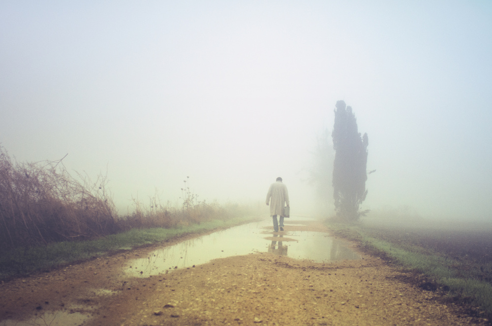 Solitary Man Misty Road by Miki Meir Levi — canvas wall art