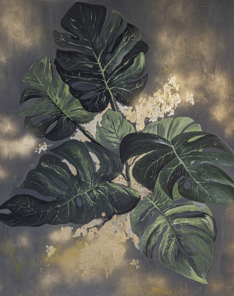 Golden Monstera Leaves by Anete Purina-Purite — canvas wall art