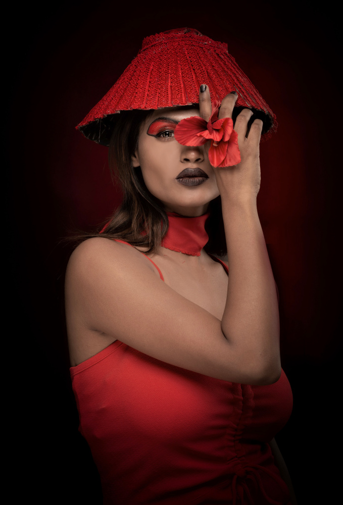 Red Hat Fashion Gaze by DEBASISH CHATTOPADHYAY — canvas wall art