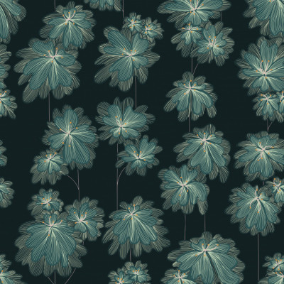 Japandi Farmhouse Flowers dark teal green seamless pattern