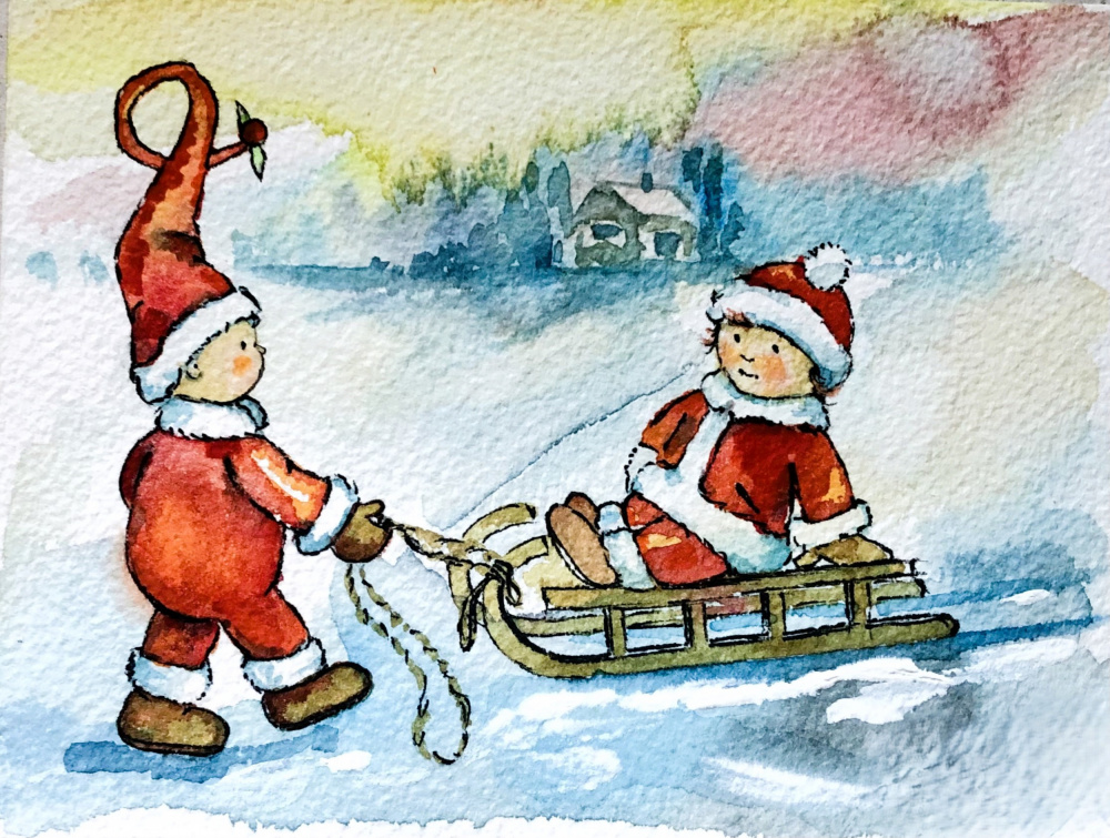 Christmas Gnomes Sledding by Anda Bieza — canvas wall art