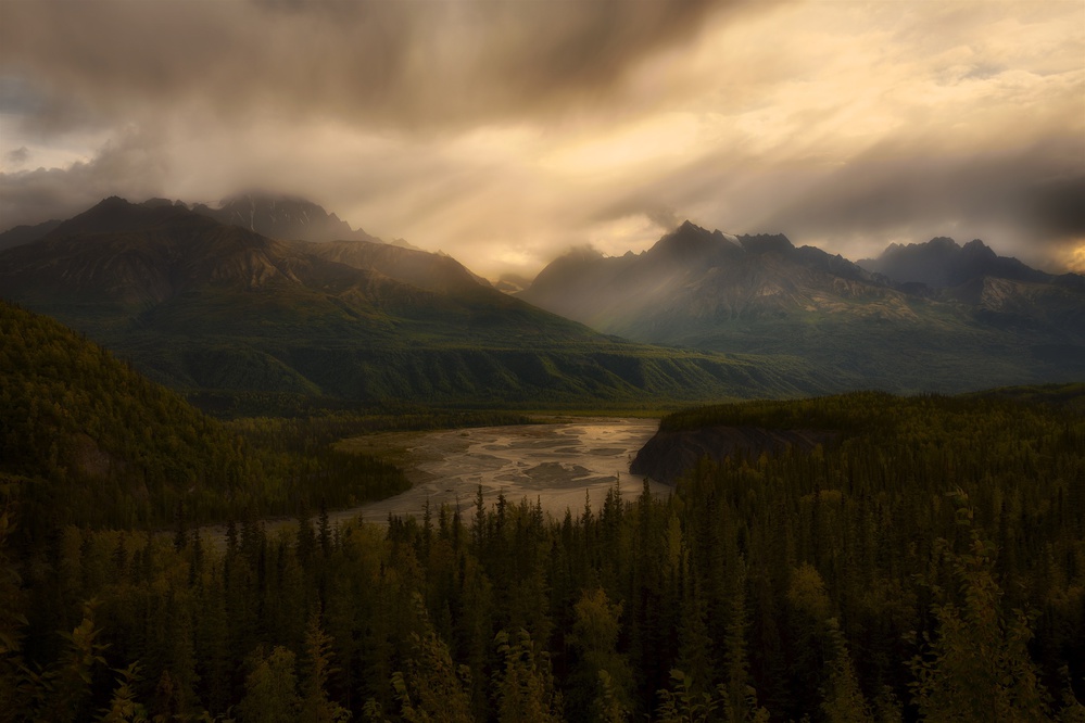 Mountains River Golden Light by Atul Chopra — canvas wall art