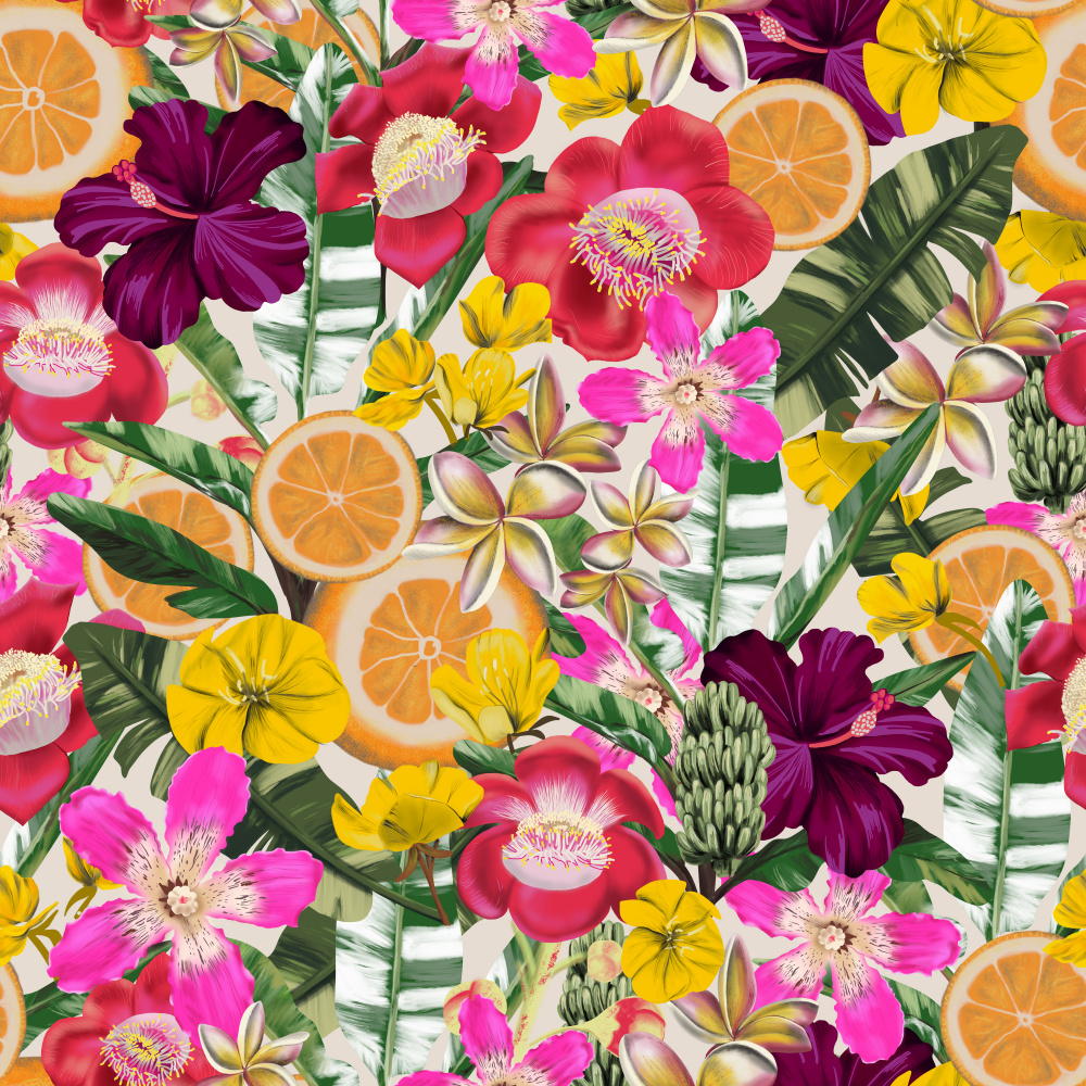 Flowes and Fruits Pattern Black by Anis Illustration — canvas wall art