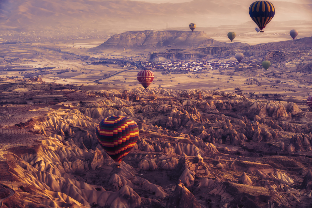 Hot Air Balloons Over Cappadocia by mihai ian nedelcu — canvas wall art