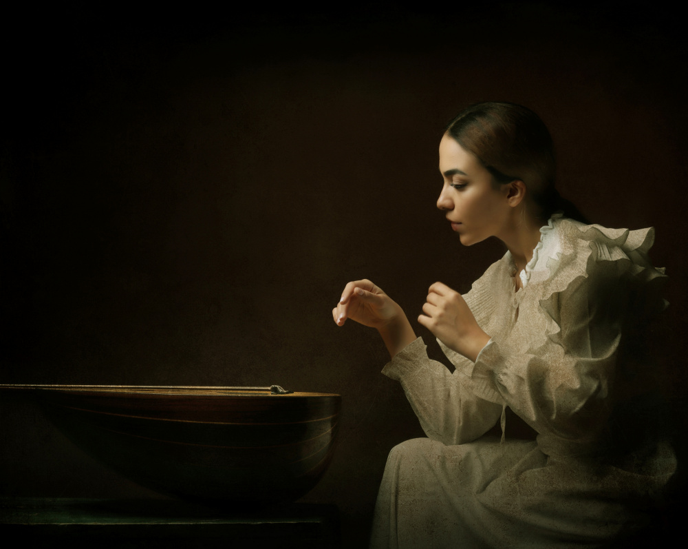 Pensive Woman and Lute by Moein Hasheminasab — canvas wall art
