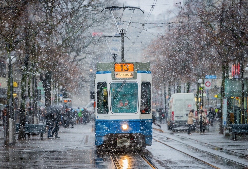 Tram in Falling Snow by ATTILA SZABO — canvas wall art