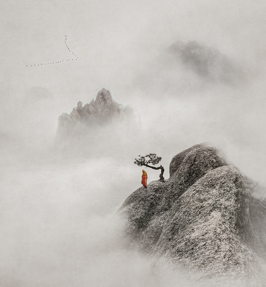 Monk in Misty Mountains by Shenshen Dou — canvas wall art