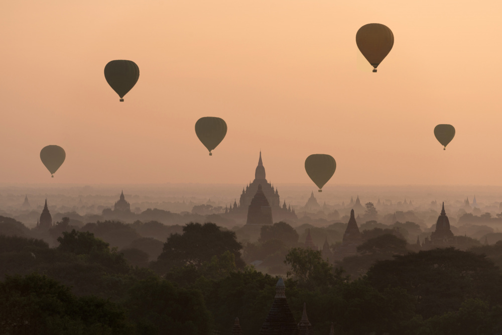 Bagan Sunrise Balloons by Sarawut Intarob — canvas wall art