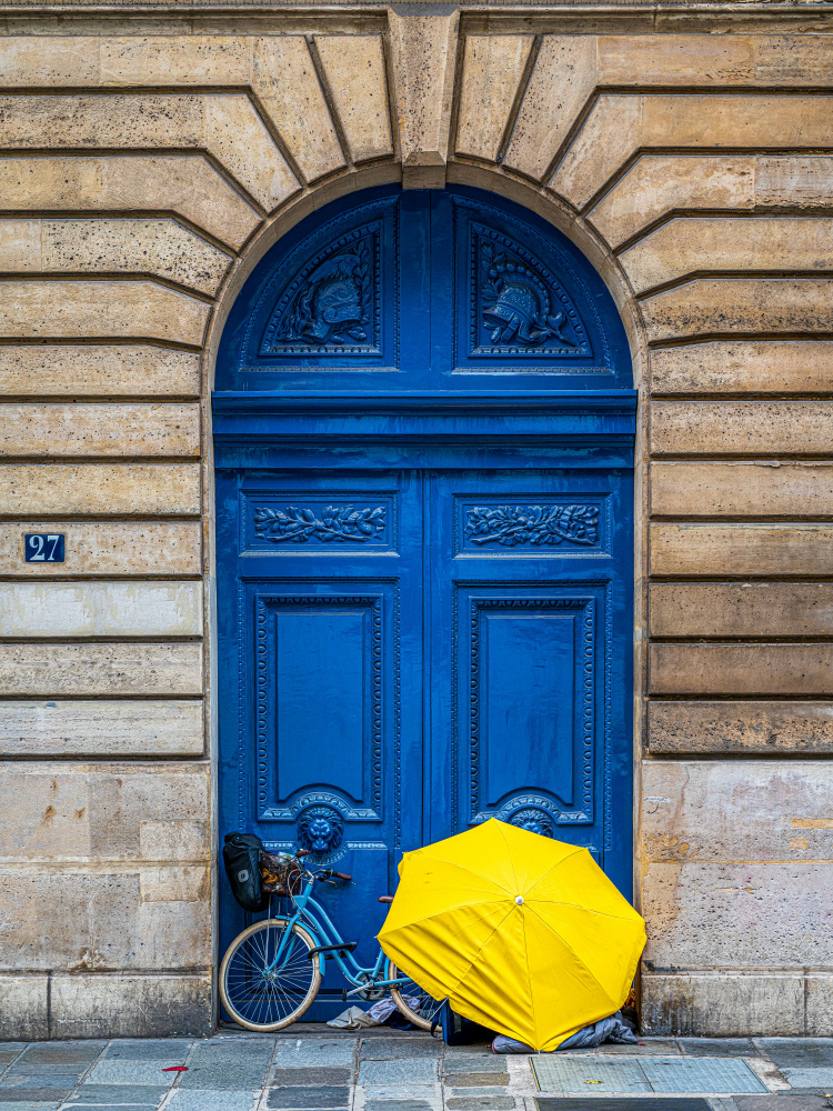 Blue Door Yellow Umbrella by Amro — canvas wall art