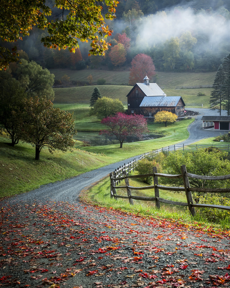 Misty Autumn Barn Road by David H Yang — canvas wall art