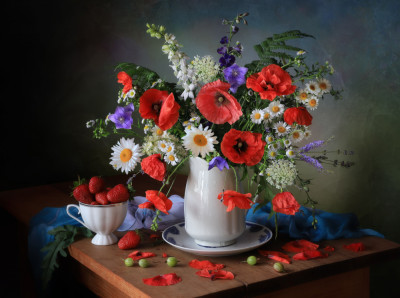 Still life with a bouquet of summer flowers and strawberries by Tatyana ...