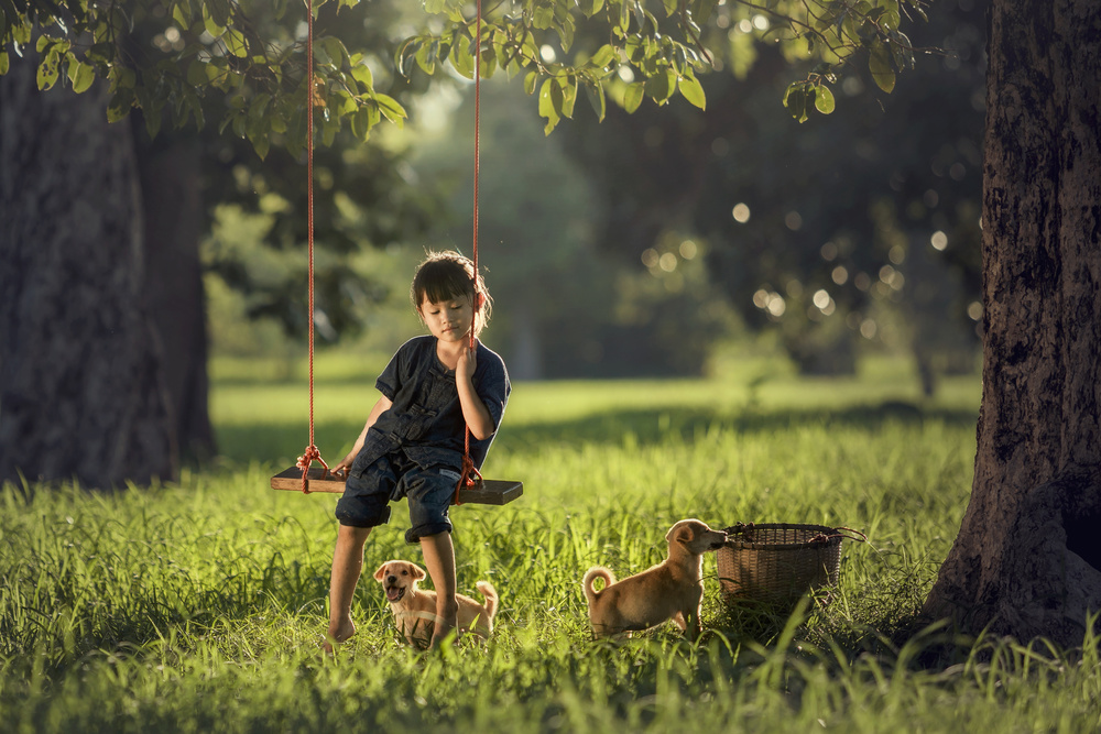 Girl and Puppy Friends by Jakkree Thampitakkull — canvas wall art
