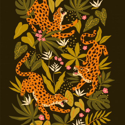 Leopards or jaguars with tropical leaves and plants on dark black background