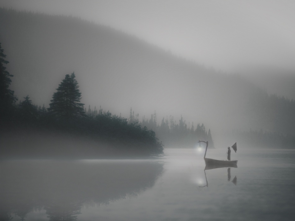 Misty Lake Boat by David Senechal Photographie (polydactyle) — canvas wall art