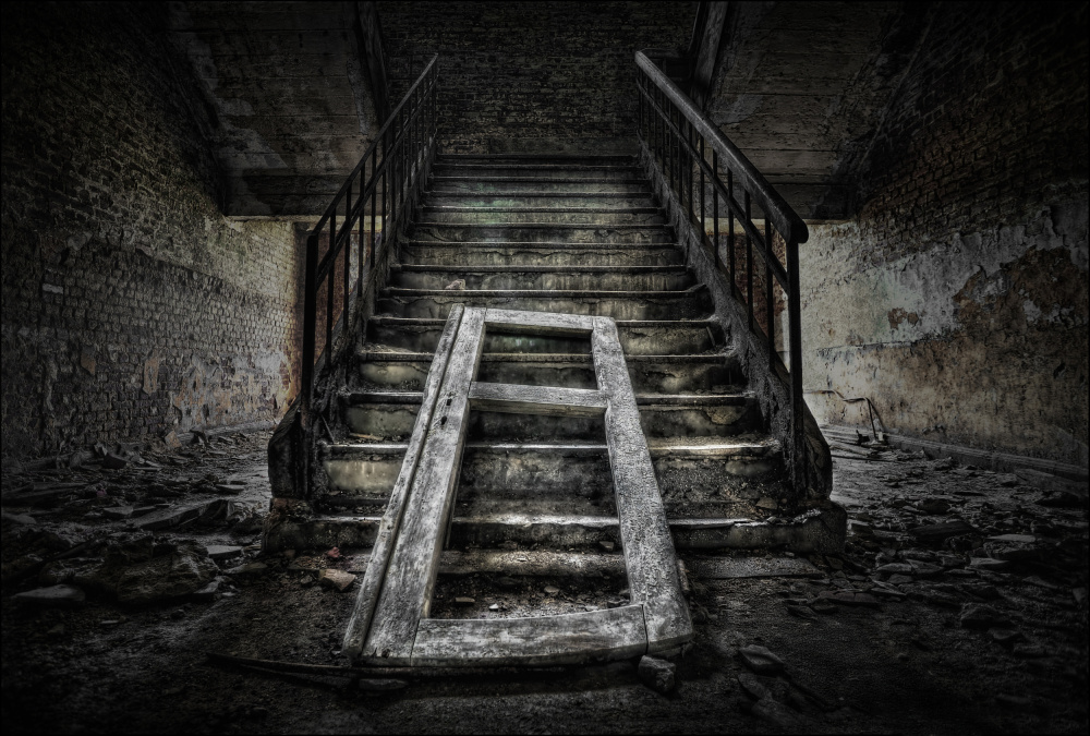 Eerie Abandoned Staircase by Jan Scheunders — canvas wall art