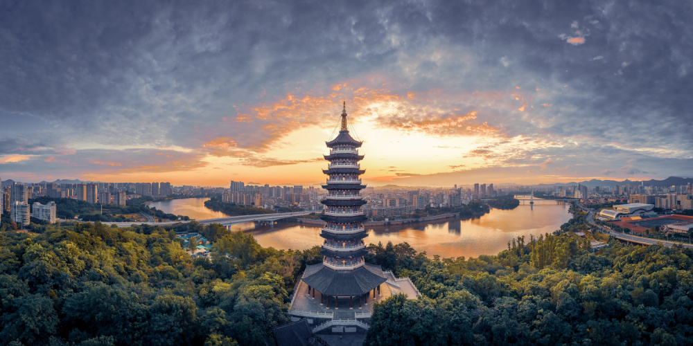 Riverside Pagoda Sunset by qiye — canvas wall art