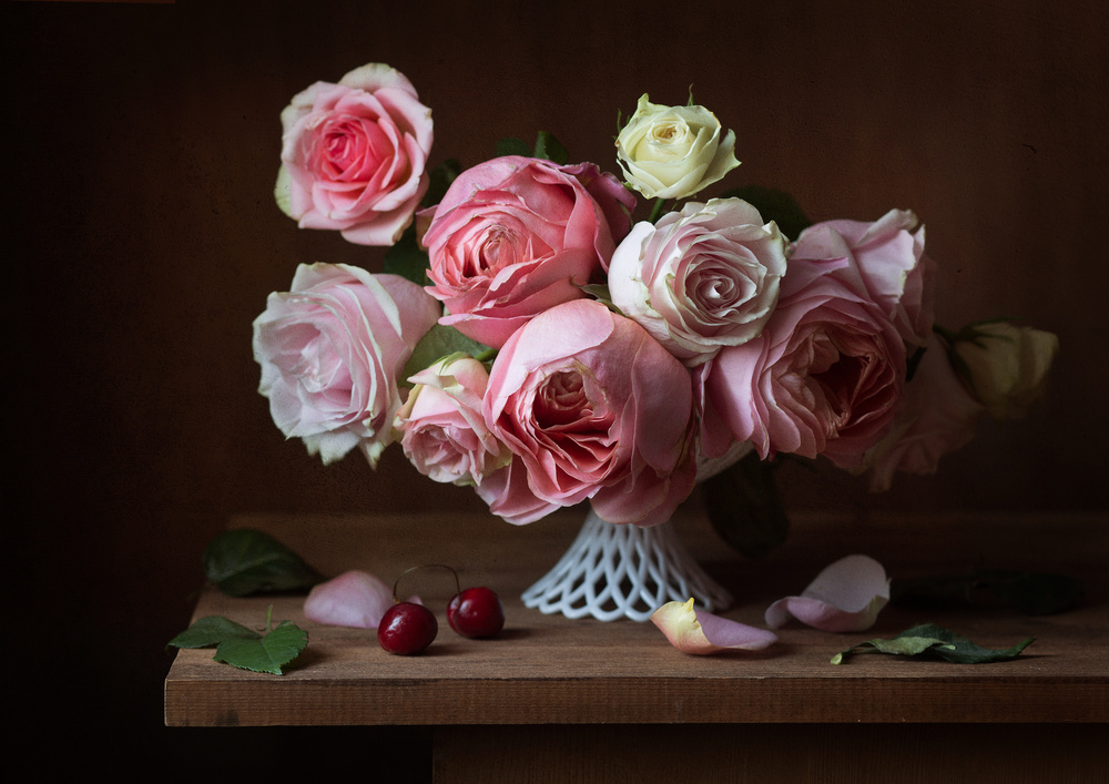 Blush Roses and Cherries by Alina Lankina — canvas wall art