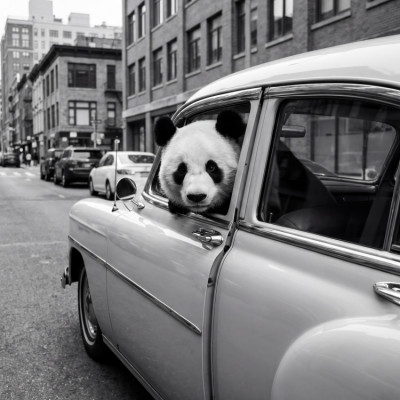 Panda in a Classic Car