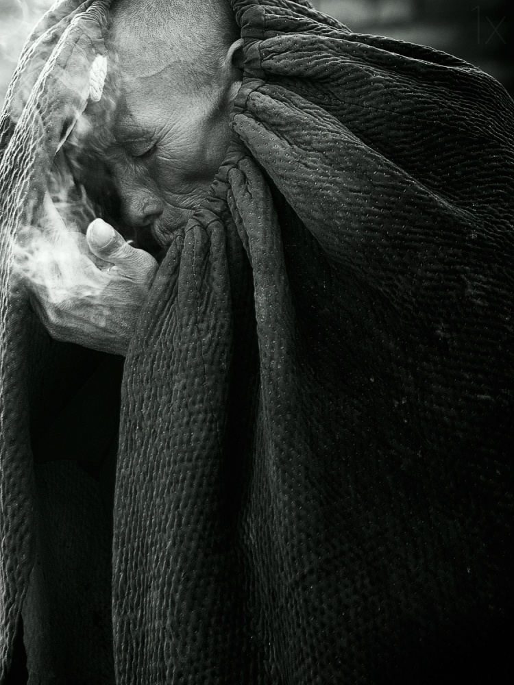 Pensive Elder With Smoke by Shu-Guang Yang — canvas wall art