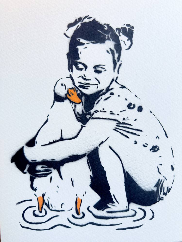 Smiling Girl Hugging Duck by Suzan Habib — canvas wall art