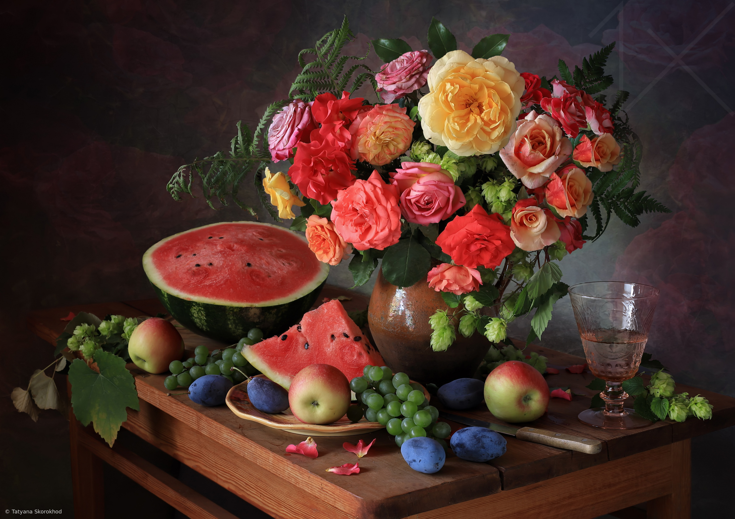 Still life with a bouquet of roses and a watermelon by Tatyana Skorokhod