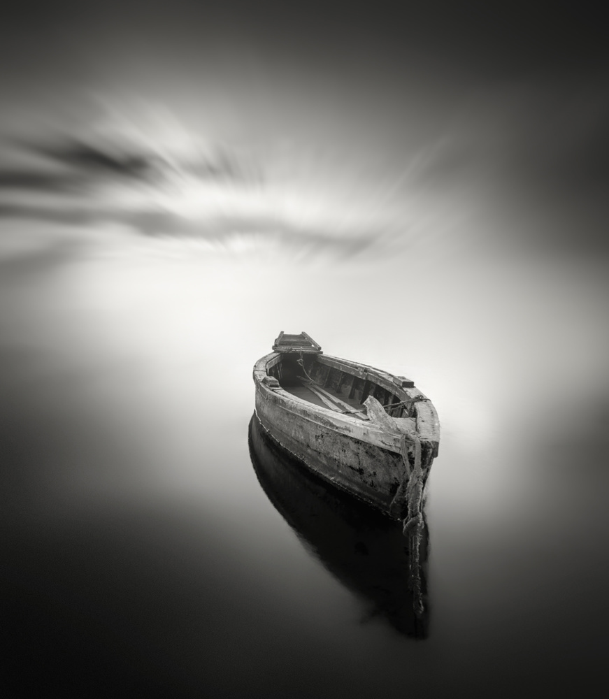 Old Boat Calm Waters by Joaquin Guerola — canvas wall art