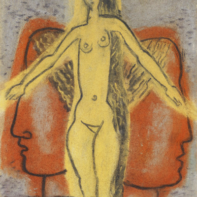 Naakte Vrouw Tussen Twee Van Elkaar Weg Kijkende Mannen Hoofden (1933) By Leo Gestel.