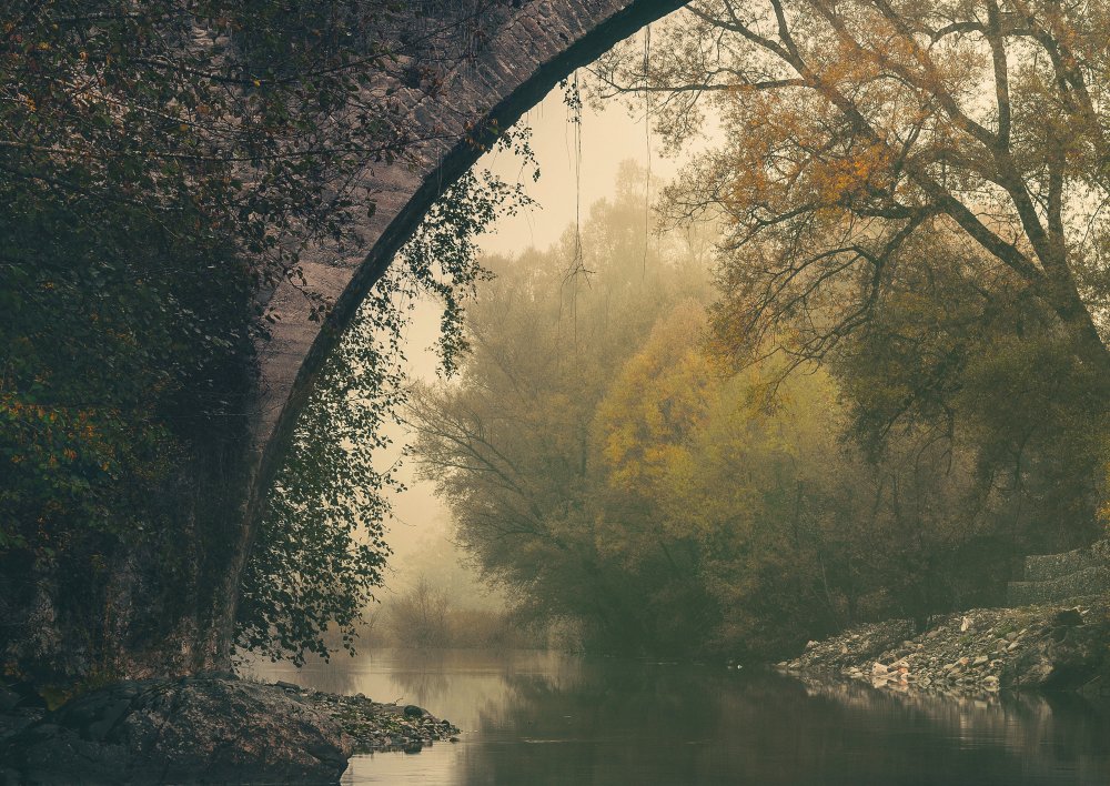 Misty Autumn Bridge by Dora Artemiadi — canvas wall art