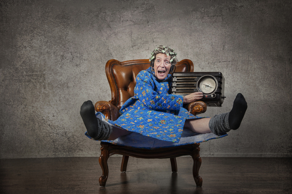 Excited Grandma Vintage Radio by Monika Vanhercke — canvas wall art