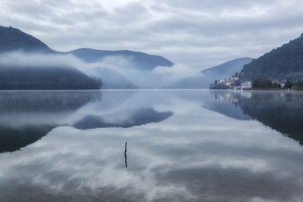 Misty Mountain Lake by Riccardo Lucidi — canvas wall art
