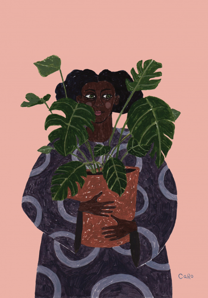 Woman Holding Monstera Plant by Caroline Roberts — canvas wall art
