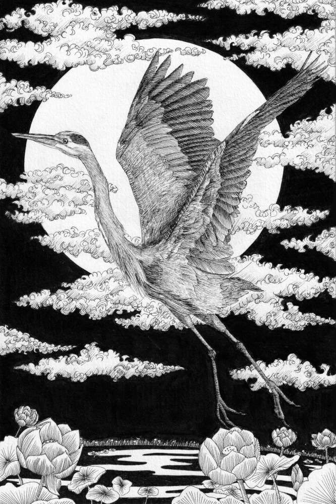Moonlit Crane Flight by EC Mazur — canvas wall art