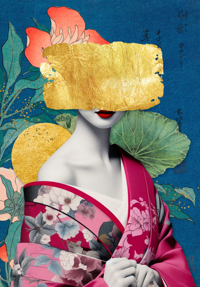Japanese Gold Kimono Mask by Marja van den Hurk — canvas wall art