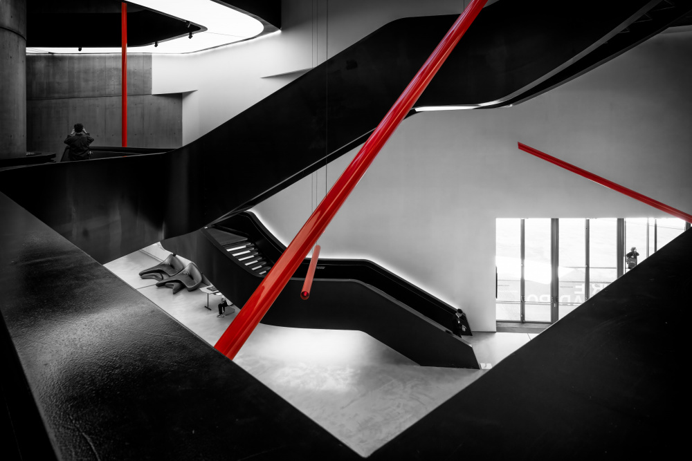 Red Lines Black Stairs by Angel Villalba — canvas wall art