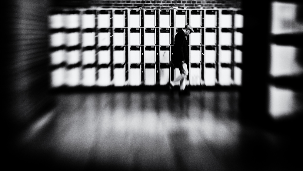 Man In Geometric Hall by Jürgen Hartlieb — canvas wall art
