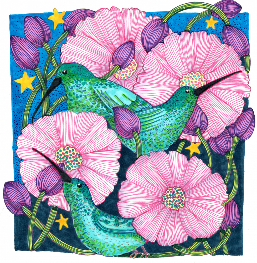 3 Hummingbirds and pink flowers by Katie O'Shea — canvas wall art