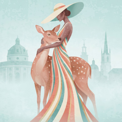 Elegant Woman Deer Embrace