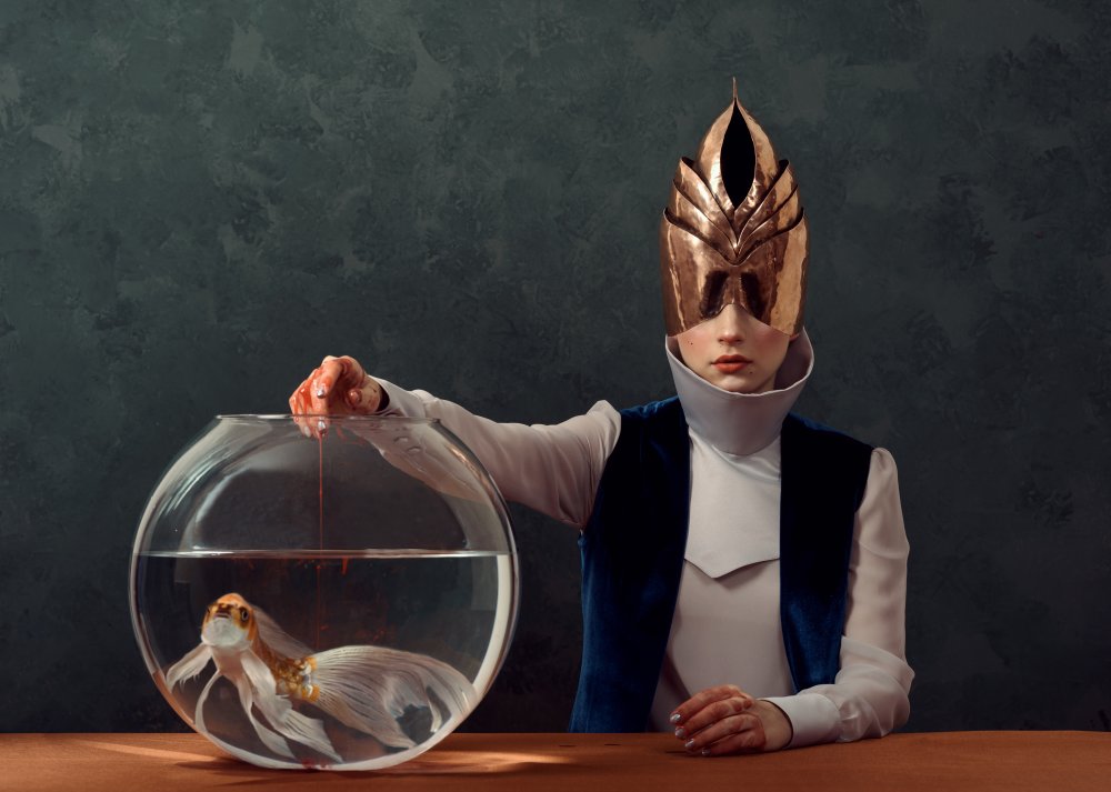 Surreal Gold Mask Goldfish by Peyman Naderi — canvas wall art