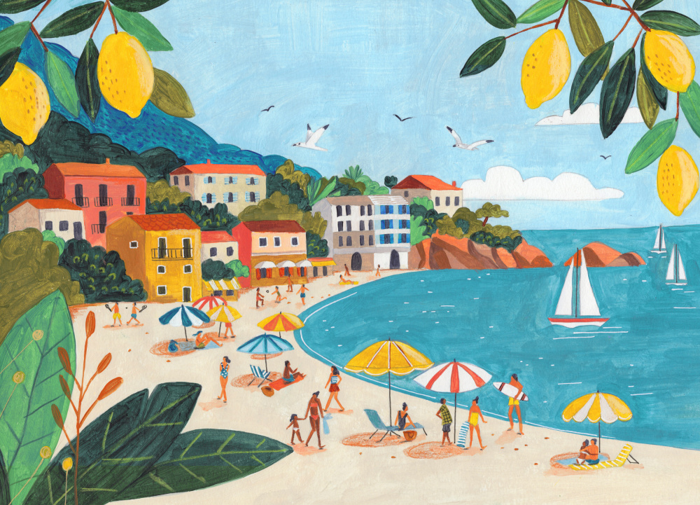 Sunny Lemon Coastal Town by Caroline Bonne Müller — canvas wall art
