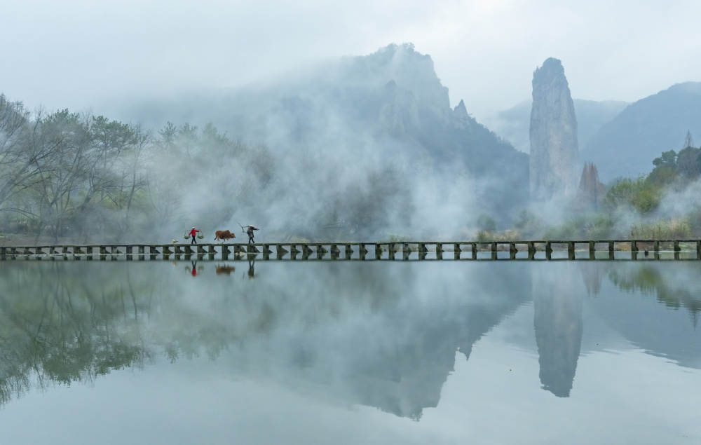 Misty Mountain Bridge by Feng Qin — canvas wall art