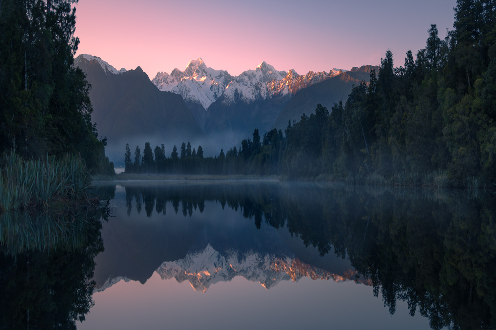 Pink Sky Mountain Reflection by Jingshu Zhu — canvas wall art