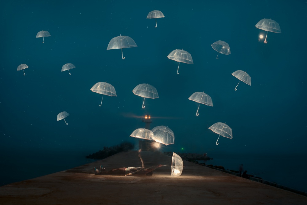 Night of Floating Umbrellas by Alexandar Lazarov — canvas wall art