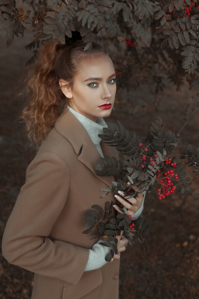 Autumn Woman with Berries by marinastudio — canvas wall art