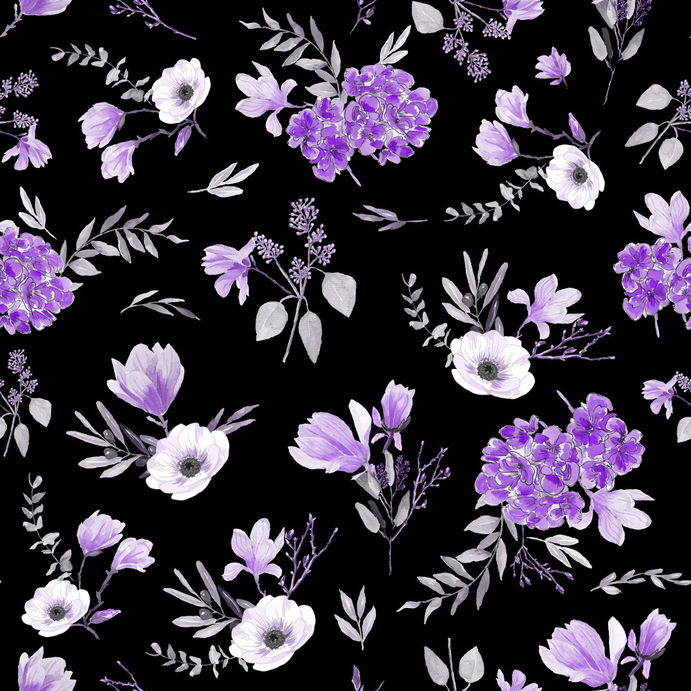 Floral Bouquets Pattern Lavender Black by Anis Illustration — canvas wall art