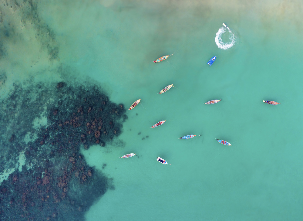 Tropical Boats Turquoise Water by Zhou Chengzhou — canvas wall art