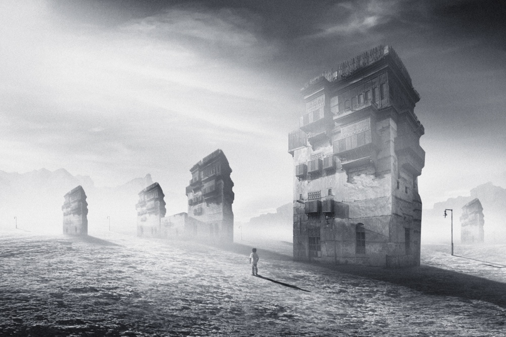 Solitary Figure Ancient City by Hussain Buhligaha — canvas wall art
