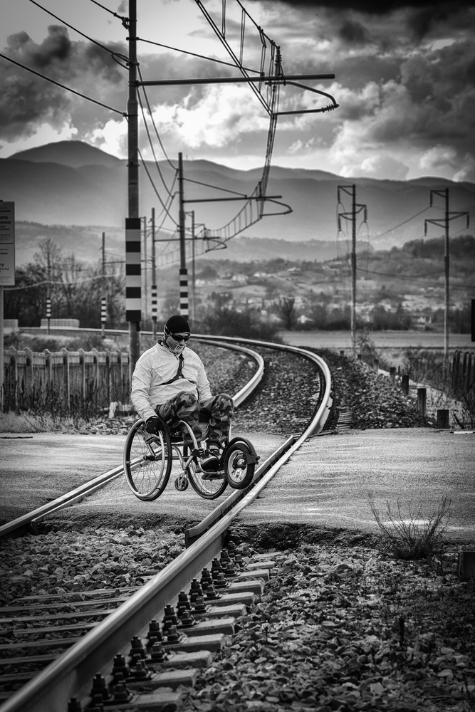 Man Dog Railway Journey by Riccardo Lucidi — canvas wall art