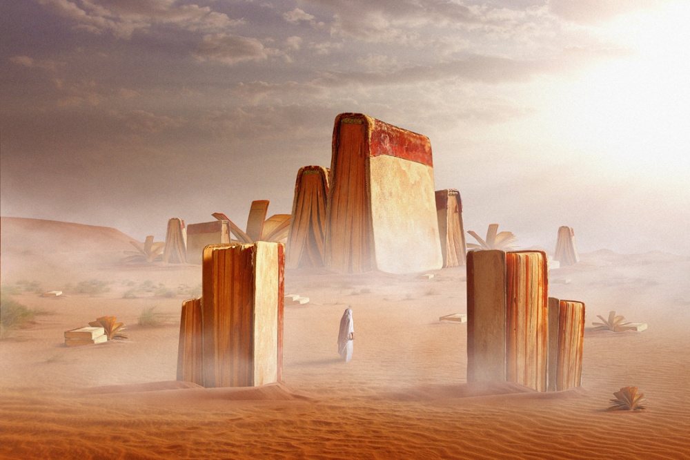 Surreal Book Desert by Hussain Buhligaha — canvas wall art