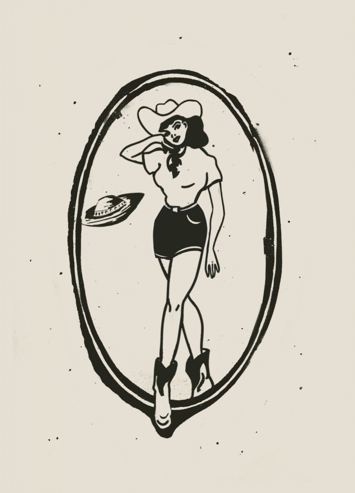 Pinup Cowgirl and UFO by Dion Gem — canvas wall art
