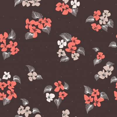 Japandi farmhouse scattered flowers dark mauve seamless pattern